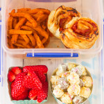 Make lunch interesting by making my puff pastry pizza wheels, sweet potato fries, chocolate popcorn mix and heart shaped strawberries. Easy to make ahead of time, filling, delicious and interesting to look at - the perfect lunch makeover! #Ad