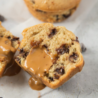 Soft, tender Chocolate Chip Muffins filled with an oozing Biscoff spread centre! A decadent breakfast, or a tasty dessert? You decide!