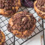 Hearty Chocolate Coffee Crumb Muffins filled with oozing chocolate, flecks of Espresso and topped with a cocoa crumb; scrumptious AND easy to make! #ad #fairtradefortnight