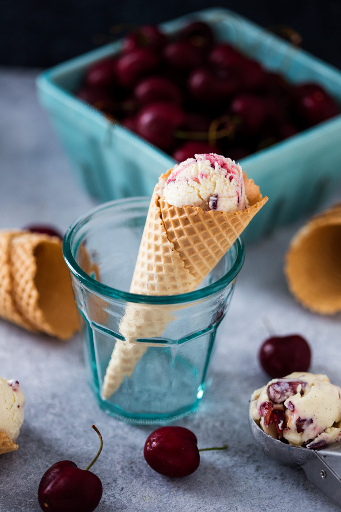 This smooth and creamy Cherry and Vanilla No Churn Ice Cream is ready to freeze in minutes and tastes just as good as the churned stuff!