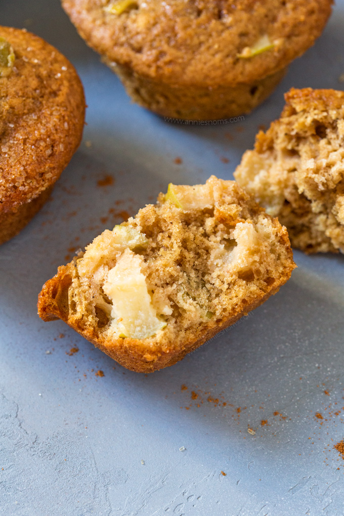 These muffins have all the flavours of an apple pie in portable breakfast form! Make ahead, soft and full of apple chunks, why not treat yourself to apple pie for breakfast one morning?!