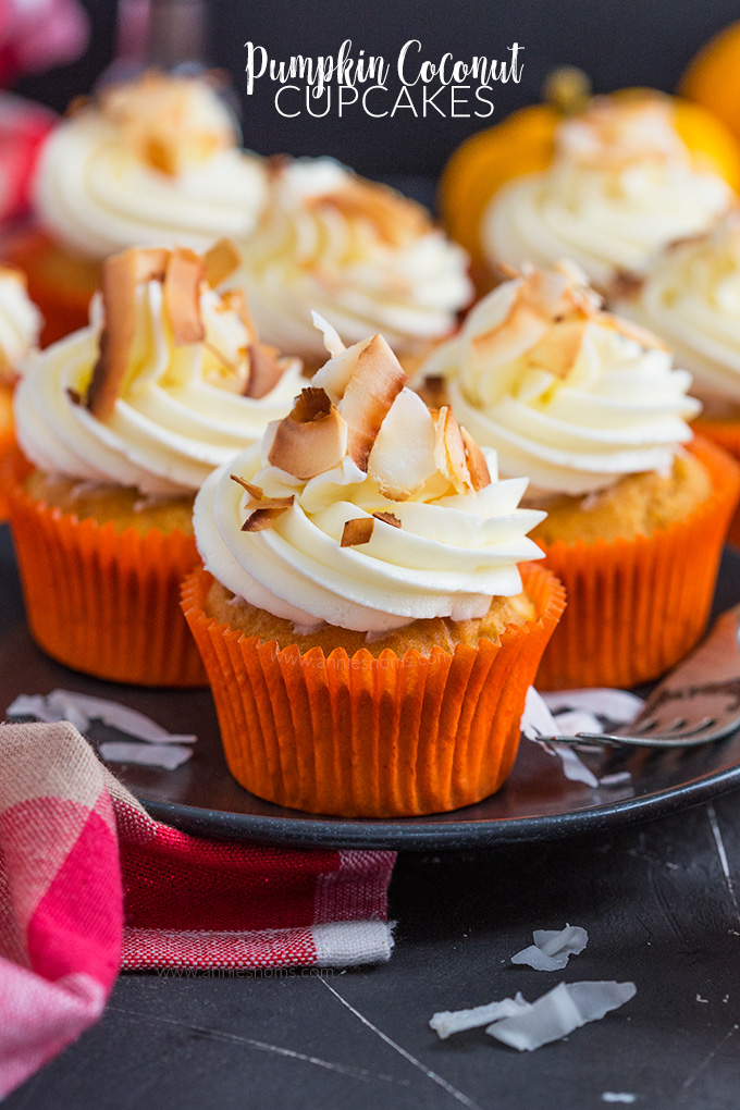 Earthy pumpkin cupcakes are given a tropical twist with coconut flakes and a creamy coconut frosting to make one seriously awesome hybrid treat with summer and autumn flavours!