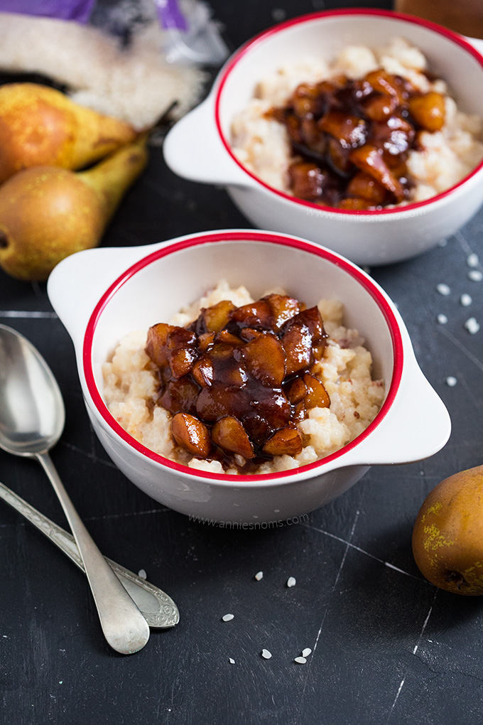 This creamy baked rice pudding is topped with a homemade spiced pear compote to create one seriously tasty, throw it all together dessert!