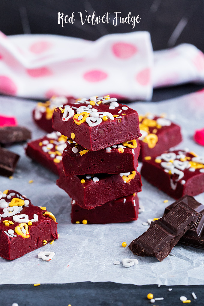 This Red Velvet Fudge requires no thermometer to make and is a fun and delicious treat to make your loved ones for Valentine's Day!