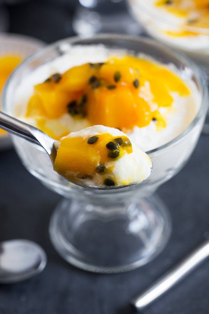 This Mango and Passion Fruit Mousse only requires four ingredient and 5 minutes to make. It's light, sweet, fruity and perfect for Summer!