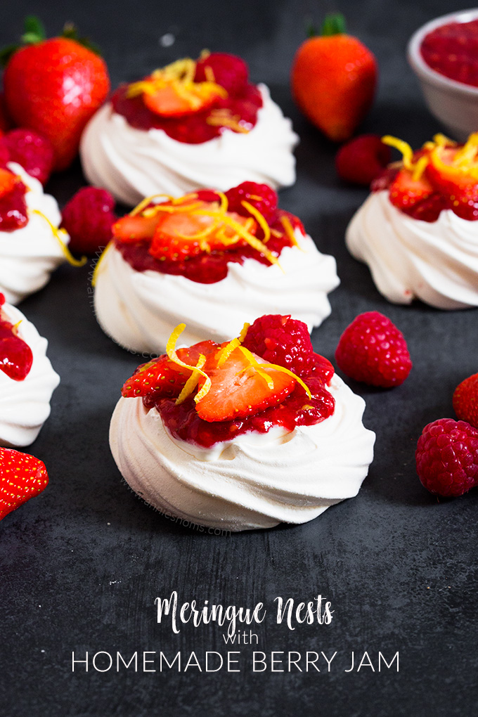  These Meringue Nests with Homemade Berry Jam marry together crunchy, sweet meringue, whipped cream, homemade jam and fresh fruit to make a delicious dessert! 