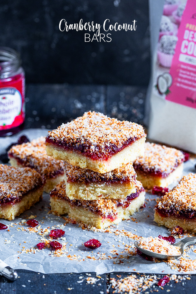 These Cranberry Coconut Bars combine a buttery shortbread base, cranberry sauce and toasted coconut to make a festive, delicious treat!
