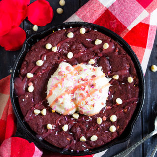 This Red Velvet Cookie is sized down for two, just in time for Valentine's Day and is chewy, chocolate filled and full of flavour!