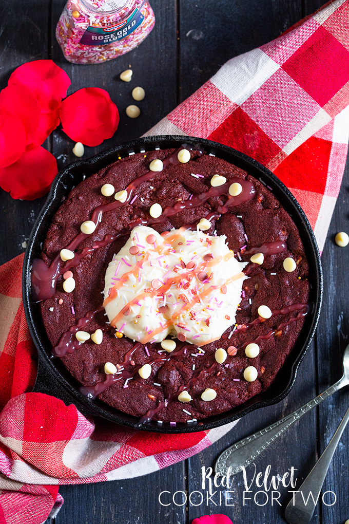 This Red Velvet Cookie is sized down for two, just in time for Valentine's Day and is chewy, chocolate filled and full of flavour!