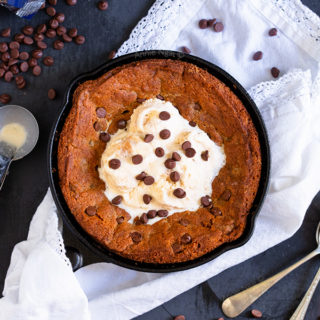 This Chocolate Chip Skillet Cookie is egg free, yet is still as chewy and soft as a traditional cookie. Grab a spoon and dig right into this divine cookie; I promise you won't miss the eggs!