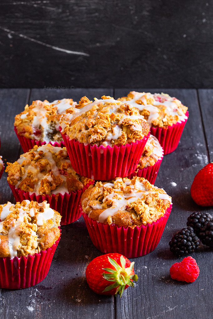 These Mixed Berry Streusel Muffins are delicious and easy to make. Soft, sweet muffins are peppered with bursts of fresh fruit and topped with a crunchy oat mixture to make the perfect muffin!