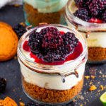These Blackberry Lime Cheesecake Jars are no bake and quick to make. Gingernut biscuits make the base along with a mascarpone cheesecake filling. All finished off wih glossy blackberries.