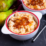 This Salted Caramel Pear Rice Pudding is the perfect marriage between salty sweet pears and creamy, dairy free rice pudding. Plus it's SO easy to make!