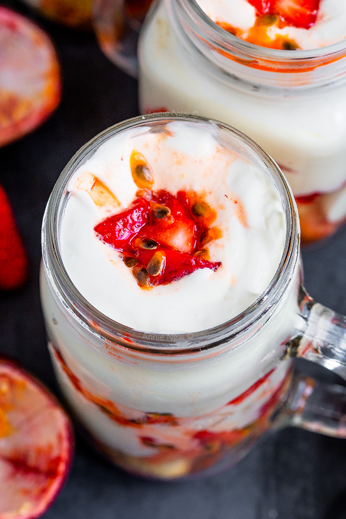 These no bake Strawberry Passion Fruit Trifles are packed full of fresh fruit and flavour. A simple, satisfying dessert, they're also a great way of using up leftover cake!