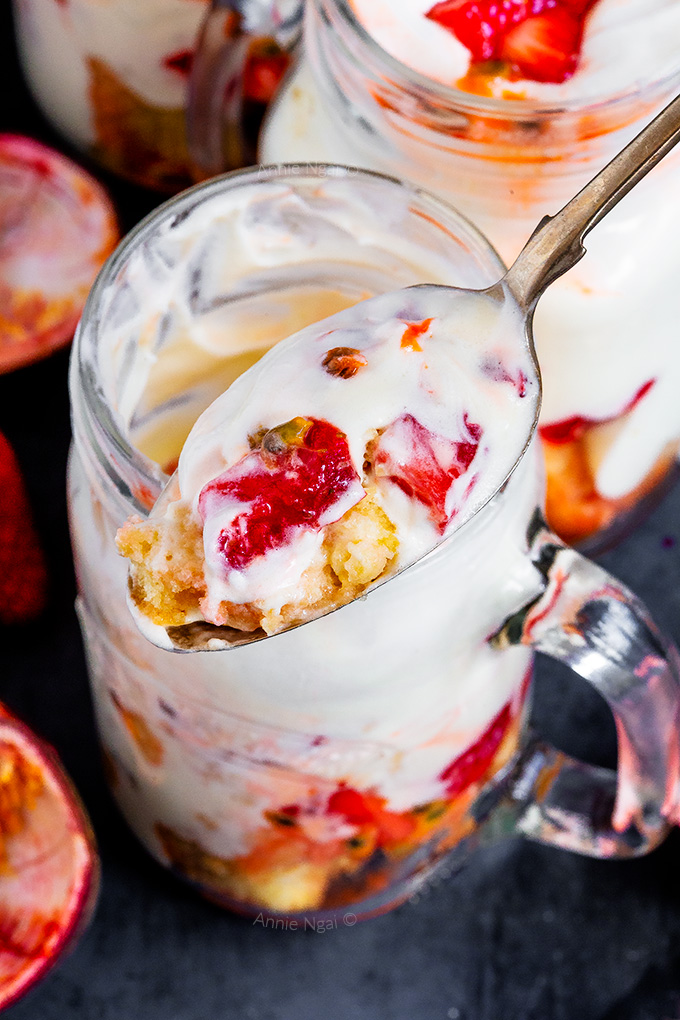 These no bake Strawberry Passion Fruit Trifles are packed full of fresh fruit and flavour. A simple, satisfying dessert, they're also a great way of using up leftover cake!