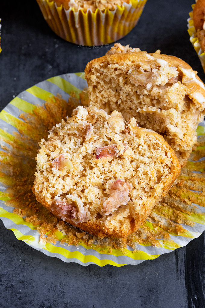 These Rhubarb and Custard Crumble Muffins are packed full of seasonal rhubarb, custard in the batter and finished off with an oaty streusel topping.